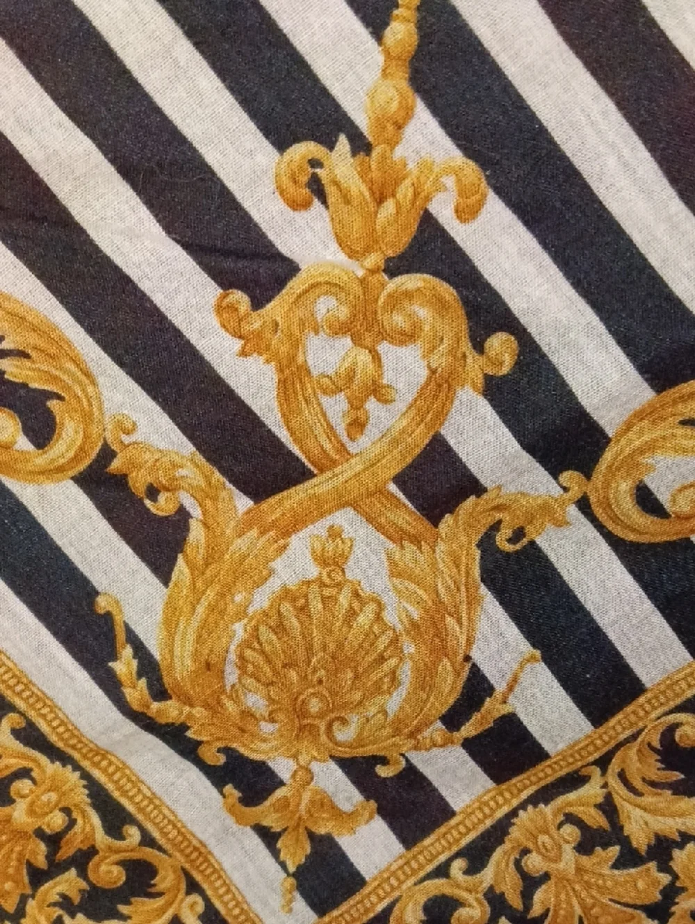 Vintage Baroque Style Christian Dior Black & White Striped Gold Medallion Scarf